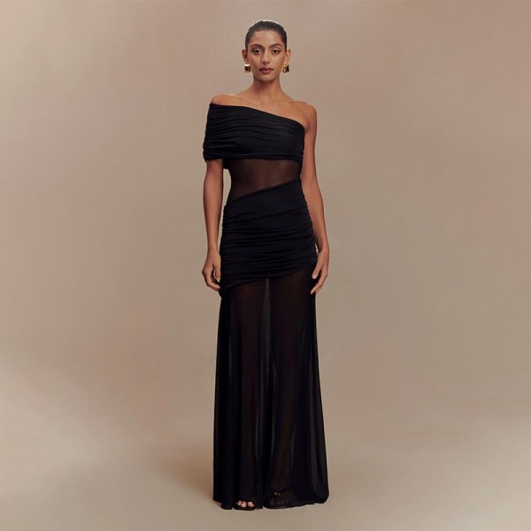 SC Mesh Patchwork Single Shoulder Maxi Dress FL-JY25043DGO