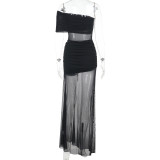 SC Mesh Patchwork Single Shoulder Maxi Dress FL-JY25043DGO