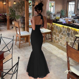 SC Halterneck Backless Fishtail Patchwork Gown Dress FL-YJ25066MHO