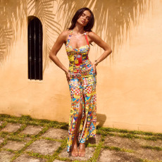 SC Colorful Print Halterneck Split Maxi Dress FL-XY25038PFO