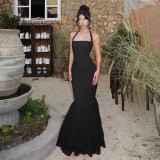 SC Halterneck Backless Fishtail Patchwork Gown Dress FL-YJ25066MHO