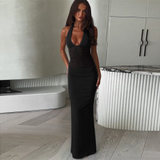 SC Solid Color Mesh Backless Maxi Dress FL-JY25042PFO