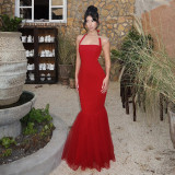 SC Halterneck Backless Fishtail Patchwork Gown Dress FL-YJ25066MHO