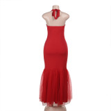 SC Halterneck Backless Fishtail Patchwork Gown Dress FL-YJ25066MHO