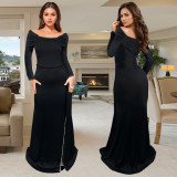 SC Long Sleeve Solid Color Split Maxi Dress BY-7283