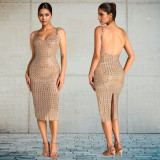 SC Backless Hot Drill Sling Midi Dress BY-7219