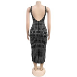 SC Backless Hot Drill Sling Midi Dress BY-7219