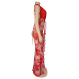 SC Sexy Deep V Neck Print Backless Maxi Dress BY-7262