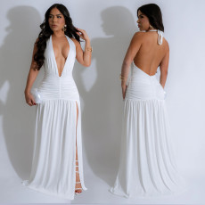 SC Halterneck Deep V Neck Split Maxi Dress BY-7225
