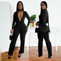 SC Long Sleeve Deep V Neck Hot Drill Jumpsuit BY-7213