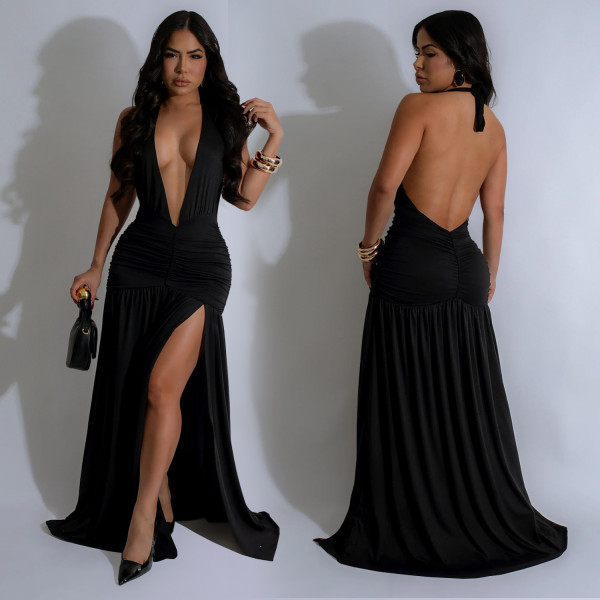 SC Halterneck Deep V Neck Split Maxi Dress BY-7225