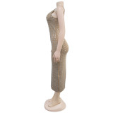SC Backless Hot Drill Sling Midi Dress BY-7219