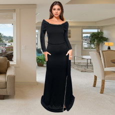 SC Long Sleeve Solid Color Split Maxi Dress BY-7283