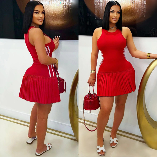 SC Sleevleless O Neck Pleated Mini Dress CYA-901755