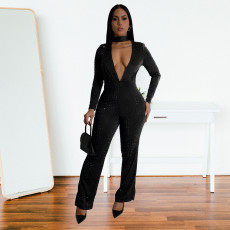 SC Long Sleeve Deep V Neck Hot Drill Jumpsuit BY-7213