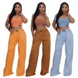 SC Solid Color U Neck Tops Wide Leg Pants Suit YF-10826