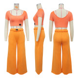 SC Solid Color U Neck Tops Wide Leg Pants Suit YF-10826