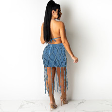 SC Casual Denim Tie Up Grids Splice Denim Skirt Suit GDAM-715