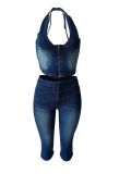 SC Fashion Denim Zipper Tops Seventh Pants Suit MEM-88643
