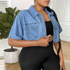SC Plus Size Loose Short Shirt Denim Jacket  GDAM-218707