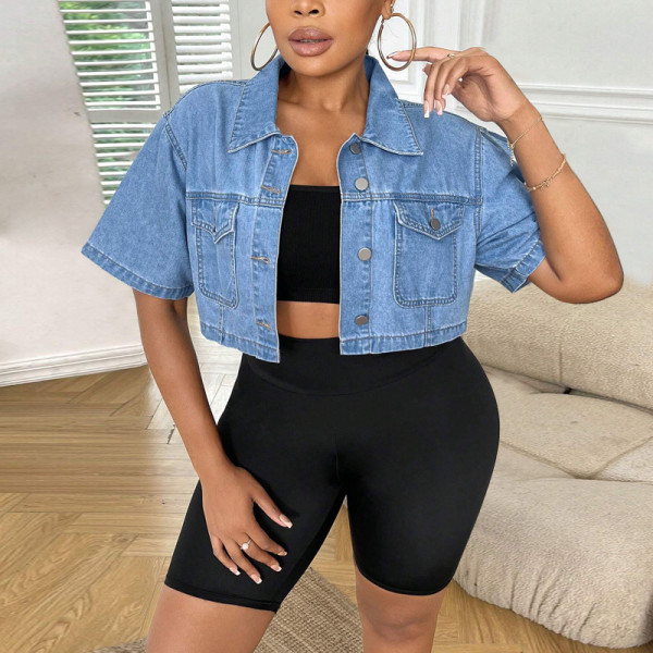 SC Plus Size Loose Short Shirt Denim Jacket  GDAM-218707