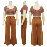SC Solid Color U Neck Tops Wide Leg Pants Suit YF-10826