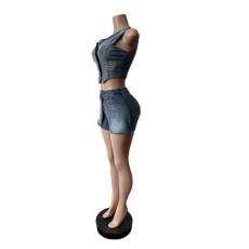 SC Fashion Denim Sleeveless Vest Shorts 2 Piece Set MEM-88641