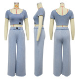 SC Solid Color U Neck Tops Wide Leg Pants Suit YF-10826