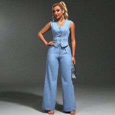SC V Neck Sleeveless Cardigan Denim Two Piece Pants Set GDAM-218667