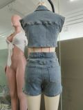 SC Denim Color Block Lapel Two Piece Shorts Set GSMJ-8002