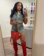 SC Denim Color Block Lapel Two Piece Shorts Set GSMJ-8002