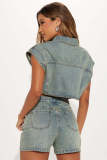 SC Denim Color Block Lapel Two Piece Shorts Set GSMJ-8002