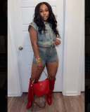 SC Denim Color Block Lapel Two Piece Shorts Set GSMJ-8002