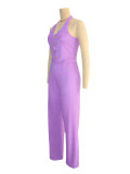 SC Halterneck Solid Vest Wide Leg Pants Suit SH-391362