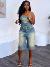SC Fashion Raw Edge Wrap Top Shorts Denim Suit GAKF-50319