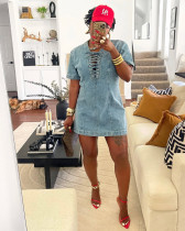 SC Plus Size Tie Up Short Sleeve Denim Mini Dress GAKF-50401