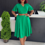 SC Plus Size V Neck Flare Sleeve Solid Color Midi Dress GMLF-3333