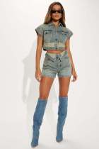 SC Color Block Short Sleeve Denim Two Piece Shorts Set YMEF-53085