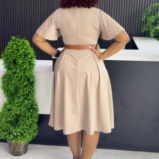 SC Plus Size V Neck Flare Sleeve Solid Color Midi Dress GMLF-3333