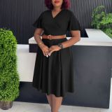 SC Plus Size V Neck Flare Sleeve Solid Color Midi Dress GMLF-3333