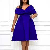 SC Plus Size V Neck Belt Solid Color Midi Dress GCZF-8626