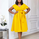 SC Plus Size V Neck Belt Solid Color Midi Dress GCZF-8626