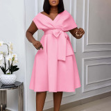 SC Plus Size V Neck Belt Solid Color Midi Dress GCZF-8626