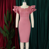 SC Plus Size Beaded Ruffle Sleeve Gown Midi Dress GATE-D575