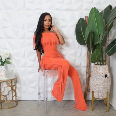 SC Solid Color One Shoulder Tassel Jumpsuit GCNF-0236