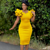 SC Plus Size Beaded Ruffle Sleeve Gown Midi Dress GATE-D575