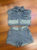 SC Color Block Short Sleeve Denim Two Piece Shorts Set YMEF-53085