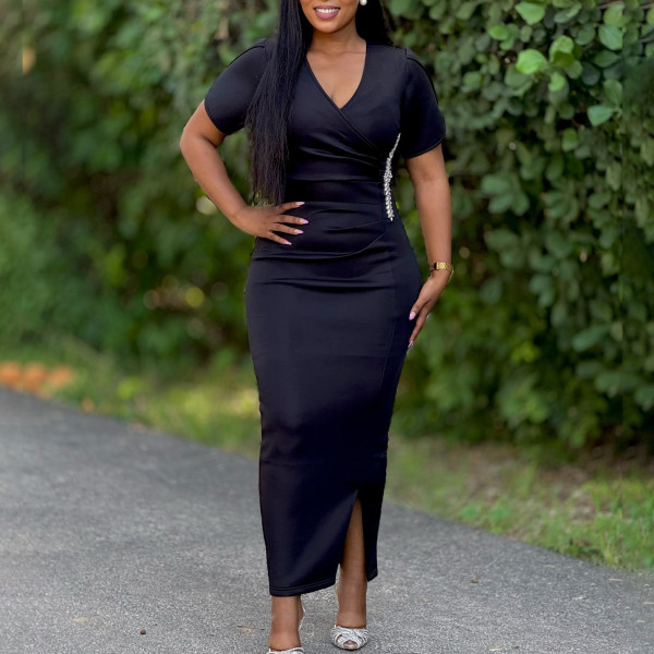 SC Plus Size V Neck Solid Color Hot Drill Maxi Dress GATE-579