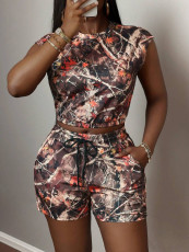 SC Drawstring Sports Leaf Print Casual Shorts Suit GBGF-6615