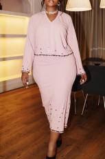 SC Plus Size V Neck Hot Drill Long Sleeve Split Skirts Two-piece Set NY-3591